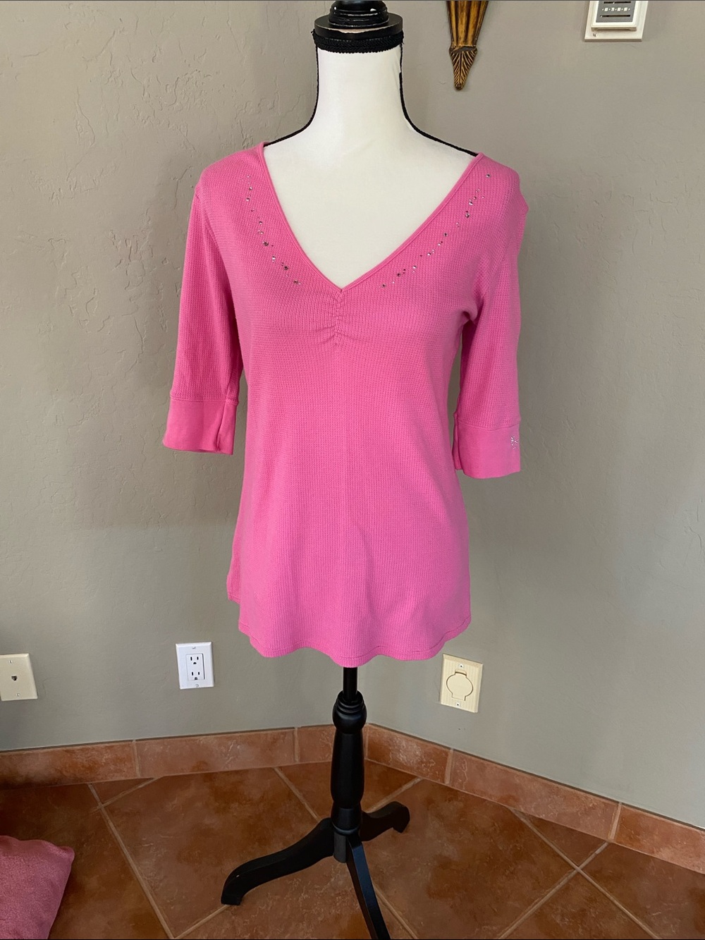 Betsey Johnson Hot Pink V-Neck Knit Top with Rhinestone Accents